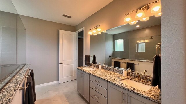 10287 SW 96th Ln, Ocala, FL 34481 - full bathroom with double vanity, baseboards, a walk in shower, and tile patterned flooring