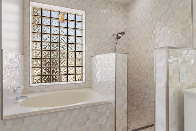 4731 N Crestline Dr, Beverly Hills, FL 34465 - bathroom with tile walls, a bath, and walk in shower