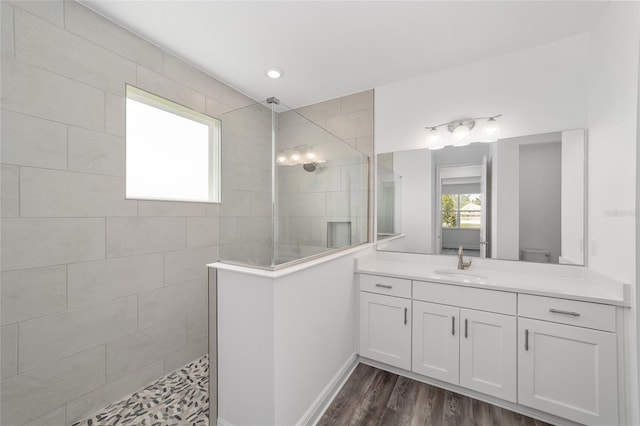 10553 SW 98th Pl, Ocala, FL 34481 - bathroom with a walk in shower, vanity, wood finished floors, and toilet