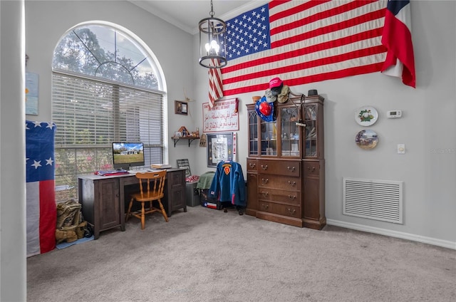8015 N Tower Way, Citrus Springs, FL 34434 - carpeted home office with crown molding and a chandelier
