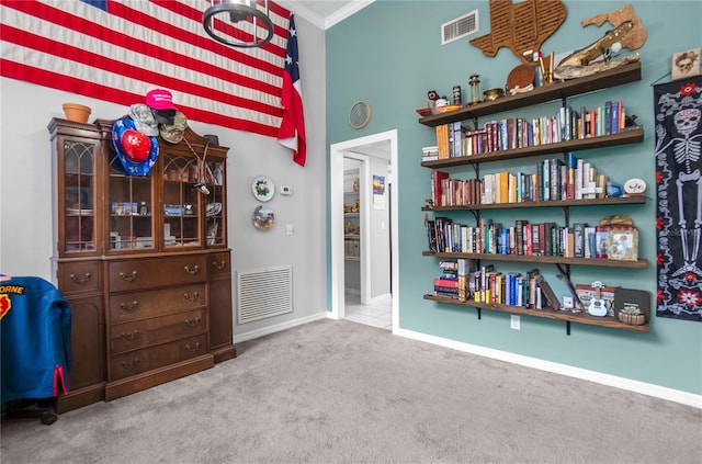 8015 N Tower Way, Citrus Springs, FL 34434 - sitting room with carpet floors, ornamental molding, baseboards, and a high ceiling
