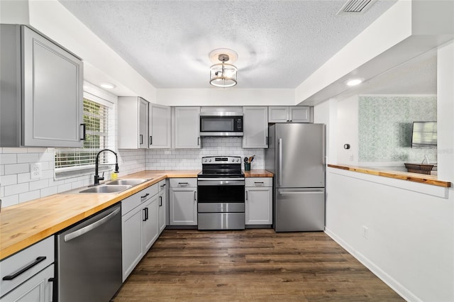 4601 SE 18th Ave, Ocala, FL 34480 - kitchen with wooden counters, stainless steel appliances, a sink, gray cabinetry, and a textured ceiling