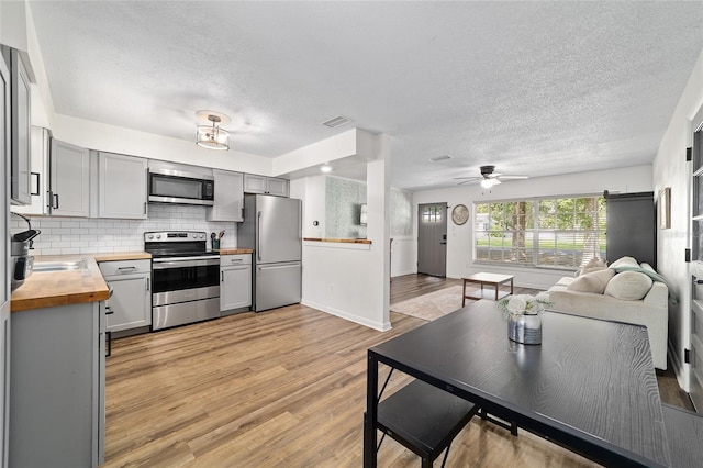 4601 SE 18th Ave, Ocala, FL 34480 - kitchen with butcher block countertops, stainless steel appliances, gray cabinets, a textured ceiling, and open floor plan