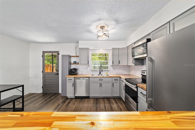 4601 SE 18th Ave, Ocala, FL 34480 - kitchen with appliances with stainless steel finishes, butcher block counters, a sink, gray cabinets, and healthy amount of natural light