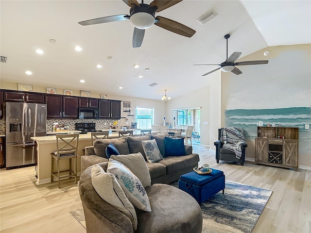 6812 Gideon Cir, Zephyrhills, FL 33541 - living room with ceiling fan, vaulted ceiling, light wood-type flooring, recessed lighting, and baseboards