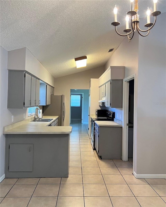 21 Pecan Course Cir, Ocala, FL 34472 - kitchen featuring a sink, vaulted ceiling, black electric range, gray cabinets, and light countertops