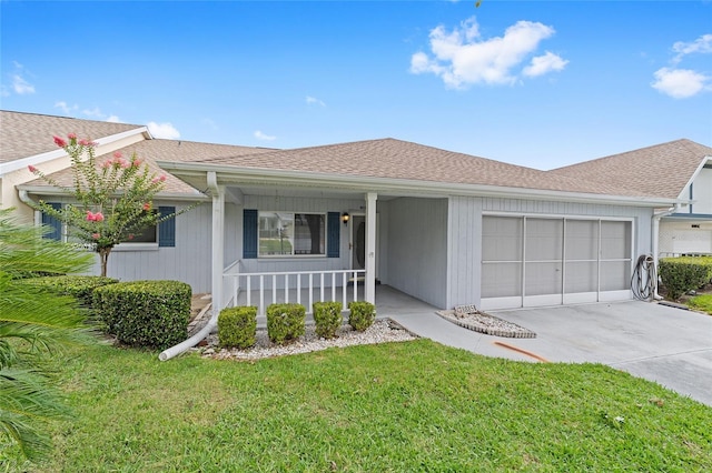 8885 SW 90th Ave, Ocala, FL 34481 - ranch-style home with an attached garage, covered porch, concrete driveway, a front yard, and a shingled roof