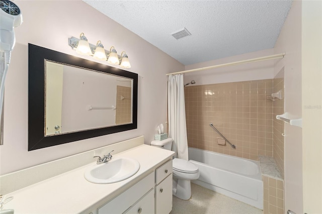 8885 SW 90th Ave, Ocala, FL 34481 - bathroom with vanity, shower / bathtub combination with curtain, toilet, and a textured ceiling