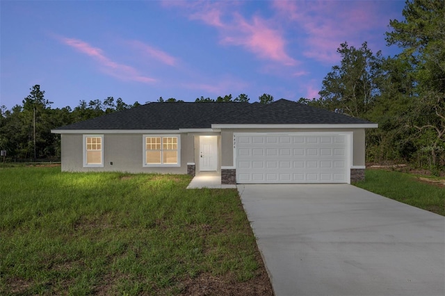 10158 N Carib Way, Citrus Springs, FL 34434 - single story home featuring concrete driveway, stone siding, an attached garage, a lawn, and stucco siding