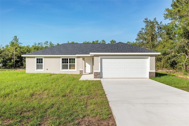 10158 N Carib Way, Citrus Springs, FL 34434 - ranch-style house with stone siding, concrete driveway, an attached garage, a front yard, and stucco siding