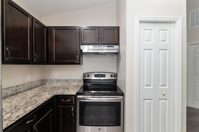 6561 SW 129th Loop, Ocala, FL 34473 - kitchen featuring stainless steel electric stove, under cabinet range hood, dark brown cabinets, light stone countertops, and lofted ceiling