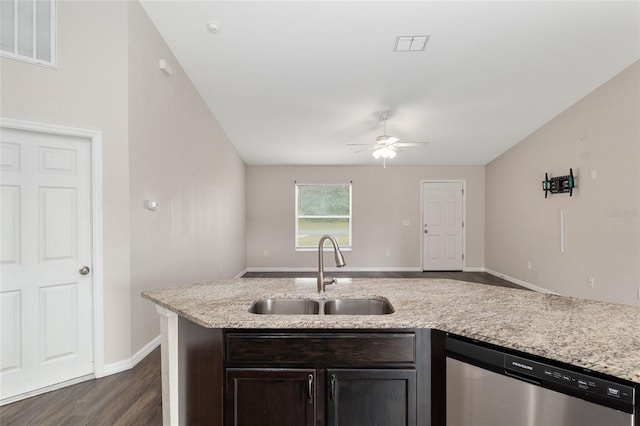 6561 SW 129th Loop, Ocala, FL 34473 - kitchen featuring a sink, dishwasher, ceiling fan, dark wood finished floors, and open floor plan