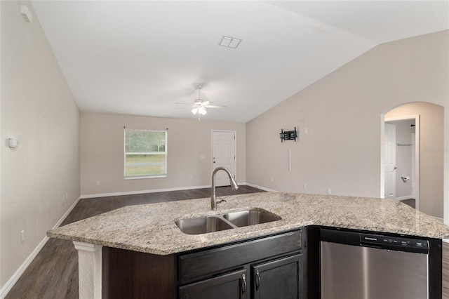 6561 SW 129th Loop, Ocala, FL 34473 - kitchen featuring stainless steel dishwasher, a sink, dark wood finished floors, lofted ceiling, and ceiling fan