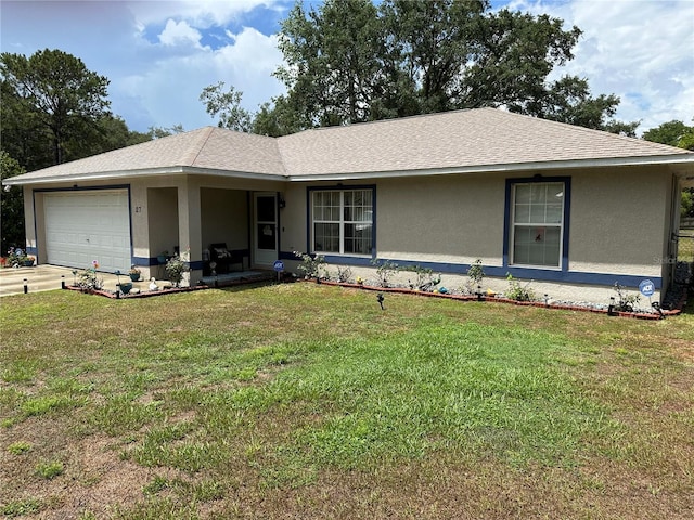 27 Cedar Tree Ter, Ocala, FL 34472 - ranch-style home featuring a garage, stucco siding, a front yard, and a shingled roof