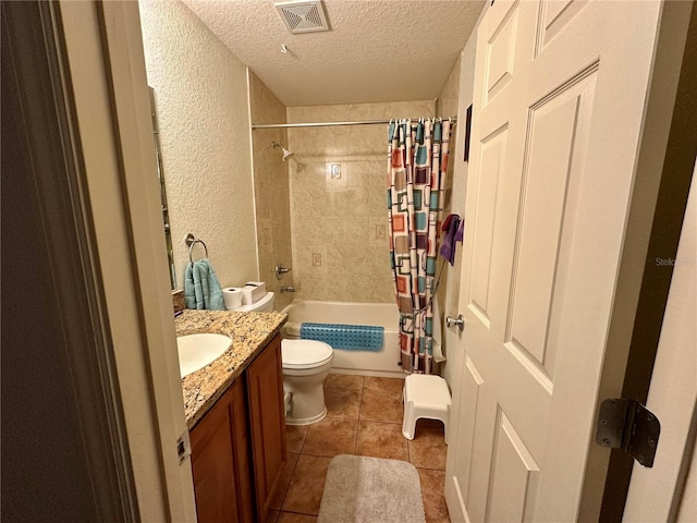 27 Cedar Tree Ter, Ocala, FL 34472 - full bathroom featuring a textured ceiling, toilet, vanity, shower / bathtub combination with curtain, and a textured wall