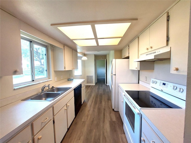 5110 NW 19th Pl, Ocala, FL 34482 - kitchen with under cabinet range hood, white appliances, a sink, wood finished floors, and light countertops
