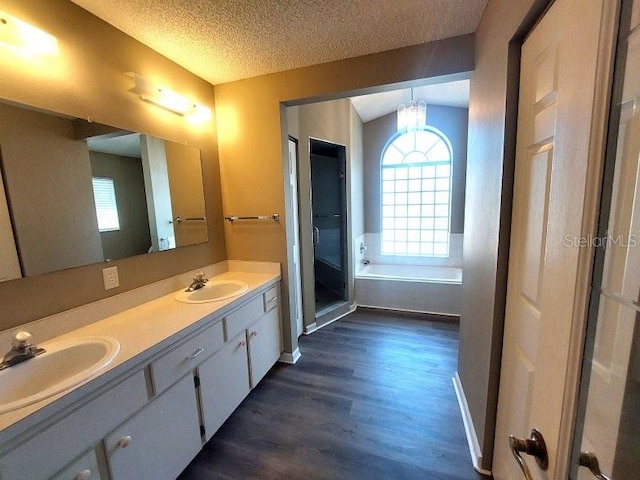 5110 NW 19th Pl, Ocala, FL 34482 - full bath featuring wood finished floors, double vanity, a textured ceiling, a chandelier, and baseboards