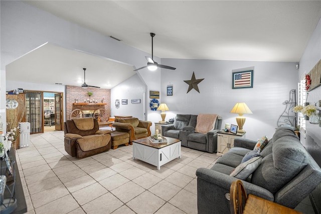 6070 SE 39th Ave, Ocala, FL 34480 - living area featuring vaulted ceiling, a ceiling fan, light tile patterned floors, and a brick fireplace