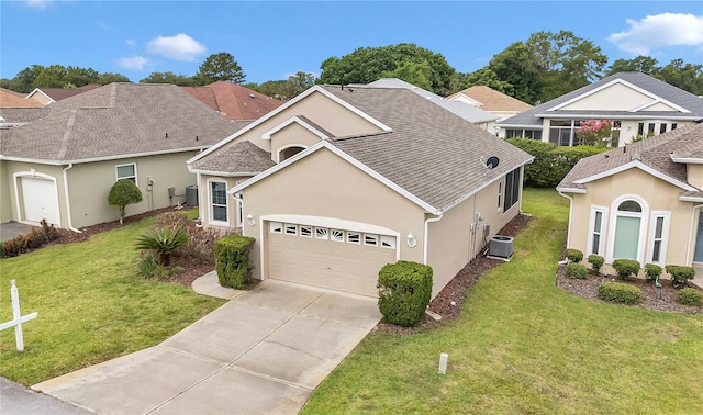 11062 SW 73rd Ct, Ocala, FL 34476 - traditional home with central AC unit, stucco siding, a front yard, and driveway