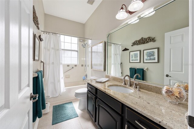 8737 SW 83rd Cir, Ocala, FL 34481 - full bathroom featuring shower / bath combination with curtain, vanity, toilet, and tile patterned floors