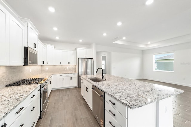 10562 SW 96th Lane Rd, Ocala, FL 34481 - kitchen with stainless steel appliances, a sink, light wood-type flooring, a center island with sink, and decorative backsplash