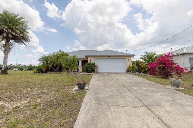 3019 NW Juanita Pl, Cape Coral, FL 33993 - ranch-style home featuring a garage, a front lawn, concrete driveway, and stucco siding