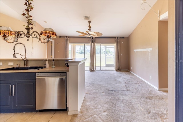 3019 NW Juanita Pl, Cape Coral, FL 33993 - kitchen with dishwasher, a sink, ceiling fan, and light carpet