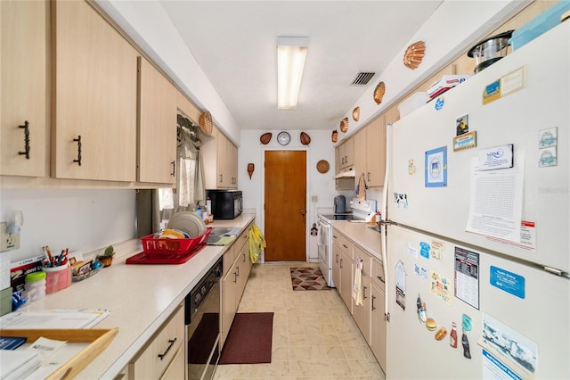 17128 SE 140th Ave, Weirsdale, FL 32195 - kitchen with white appliances, light brown cabinetry, light countertops, and under cabinet range hood