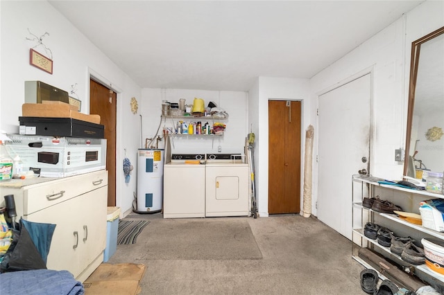 17128 SE 140th Ave, Weirsdale, FL 32195 - kitchen featuring water heater, independent washer and dryer, light colored carpet, and open shelves