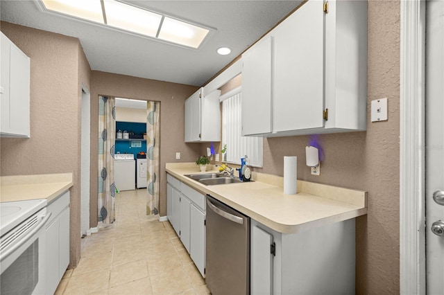 9 Bahia Trace Loop, Ocala, FL 34472 - kitchen featuring stainless steel dishwasher, a sink, washing machine and dryer, a textured wall, and white range with electric stovetop