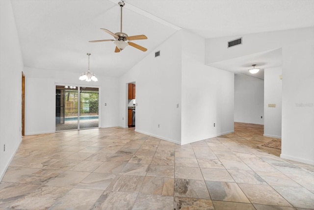 9606 N Caressa Way, Citrus Springs, FL 34434 - empty room with a ceiling fan, a chandelier, high vaulted ceiling, baseboards, and light stone finish floors