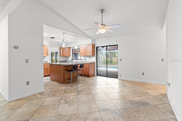 9606 N Caressa Way, Citrus Springs, FL 34434 - kitchen featuring baseboards, lofted ceiling, a ceiling fan, a kitchen breakfast bar, and a center island