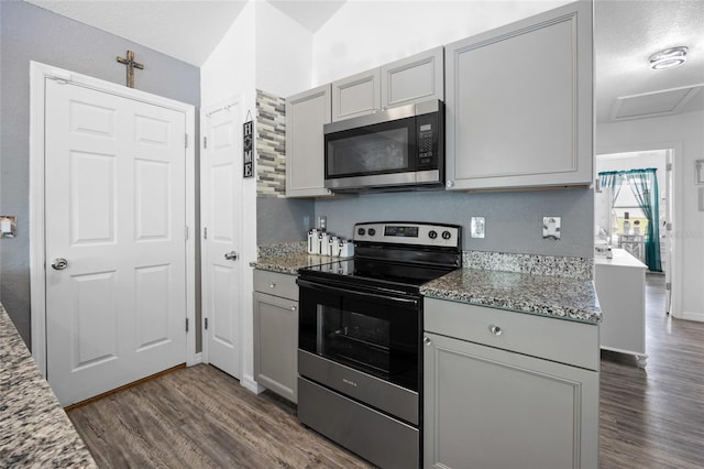 15324 SW 40th Place Rd, Ocala, FL 34481 - kitchen featuring stainless steel appliances, gray cabinetry, and dark wood finished floors