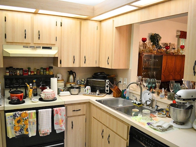 8321 SW 108th Place Rd, Ocala, FL 34481 - kitchen with under cabinet range hood, a sink, range with electric stovetop, light brown cabinets, and light countertops