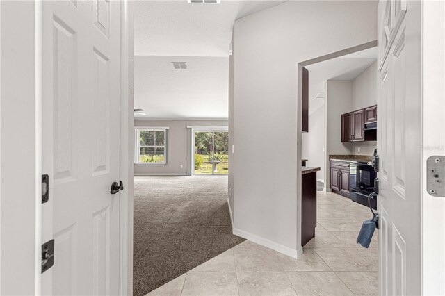 3445 SE 139th Ln, Summerfield, FL 34491 - corridor featuring light colored carpet, light tile patterned flooring, and baseboards