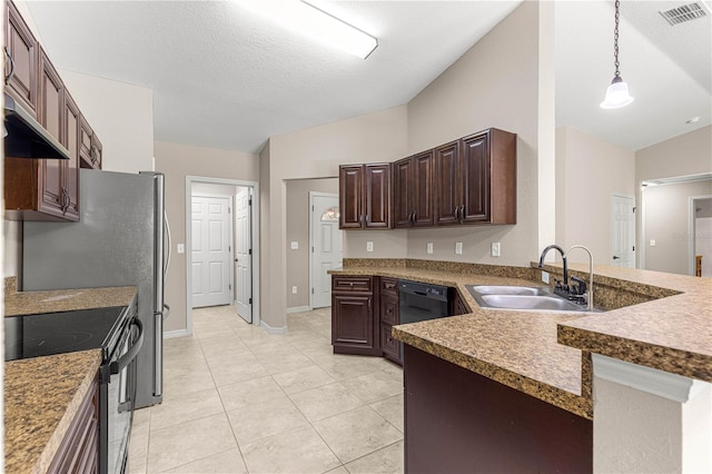 3445 SE 139th Ln, Summerfield, FL 34491 - kitchen featuring a sink, black appliances, vaulted ceiling, dark brown cabinets, and light tile patterned floors