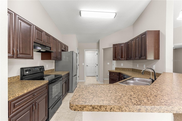 3445 SE 139th Ln, Summerfield, FL 34491 - kitchen featuring black / electric stove, under cabinet range hood, a sink, light tile patterned flooring, and freestanding refrigerator