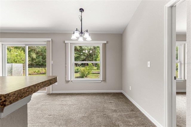 3445 SE 139th Ln, Summerfield, FL 34491 - unfurnished dining area featuring carpet floors, a chandelier, healthy amount of natural light, and baseboards