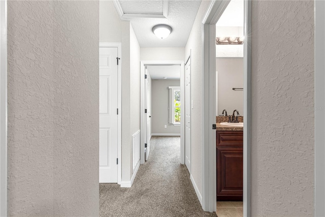 3445 SE 139th Ln, Summerfield, FL 34491 - hall featuring a textured wall, a textured ceiling, a sink, carpet floors, and baseboards