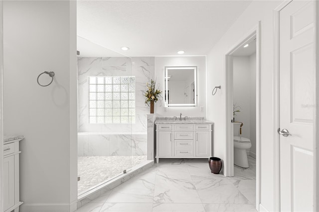 13715 SE 88th Ct, Summerfield, FL 34491 - bathroom with marble look tile flooring, vanity, a marble finish shower, toilet, and recessed lighting