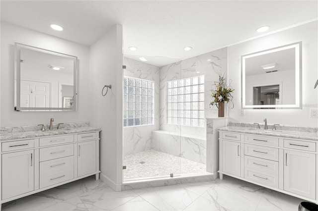 13715 SE 88th Ct, Summerfield, FL 34491 - bathroom with marble finish flooring, recessed lighting, a marble finish shower, and two vanities