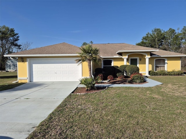 360 Marion Oaks Golf Way, Ocala, FL 34473 - ranch-style house with concrete driveway, stucco siding, a garage, and a front lawn