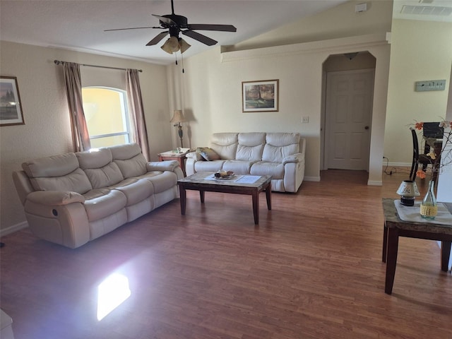 360 Marion Oaks Golf Way, Ocala, FL 34473 - living room with wood finished floors, ceiling fan, arched walkways, lofted ceiling, and baseboards