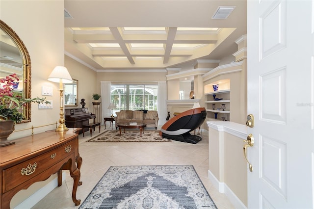 7915 SE 12th Cir, Ocala, FL 34480 - foyer featuring coffered ceiling, light tile patterned floors, crown molding, beam ceiling, and a fireplace