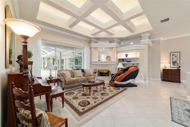 7915 SE 12th Cir, Ocala, FL 34480 - tiled living area with ornamental molding, coffered ceiling, a glass covered fireplace, beamed ceiling, and baseboards
