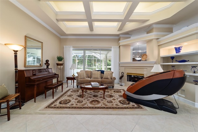7915 SE 12th Cir, Ocala, FL 34480 - tiled living room with coffered ceiling, crown molding, a glass covered fireplace, and beamed ceiling