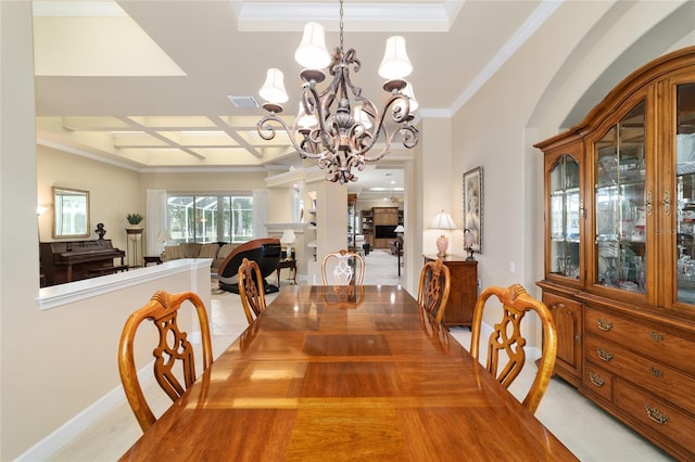 7915 SE 12th Cir, Ocala, FL 34480 - dining room featuring a chandelier, coffered ceiling, ornamental molding, and baseboards