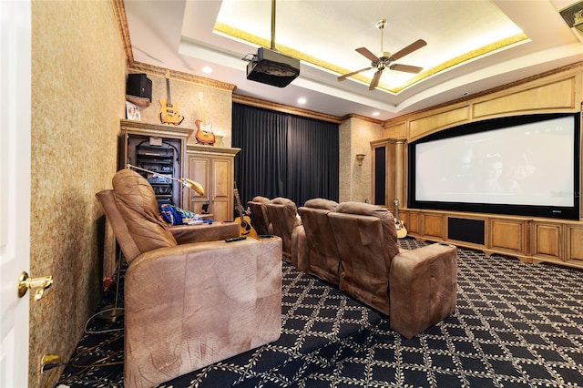 7915 SE 12th Cir, Ocala, FL 34480 - carpeted home theater featuring a raised ceiling, ceiling fan, and crown molding