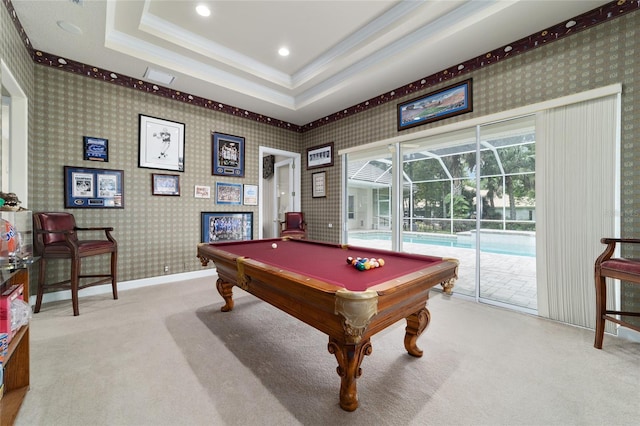 7915 SE 12th Cir, Ocala, FL 34480 - game room with carpet floors, crown molding, pool table, a tray ceiling, and wallpapered walls