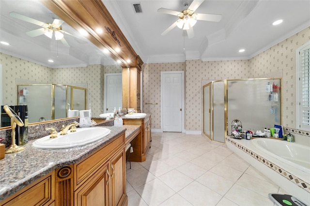 7915 SE 12th Cir, Ocala, FL 34480 - full bath featuring ceiling fan, ornamental molding, a stall shower, vanity, and a garden tub